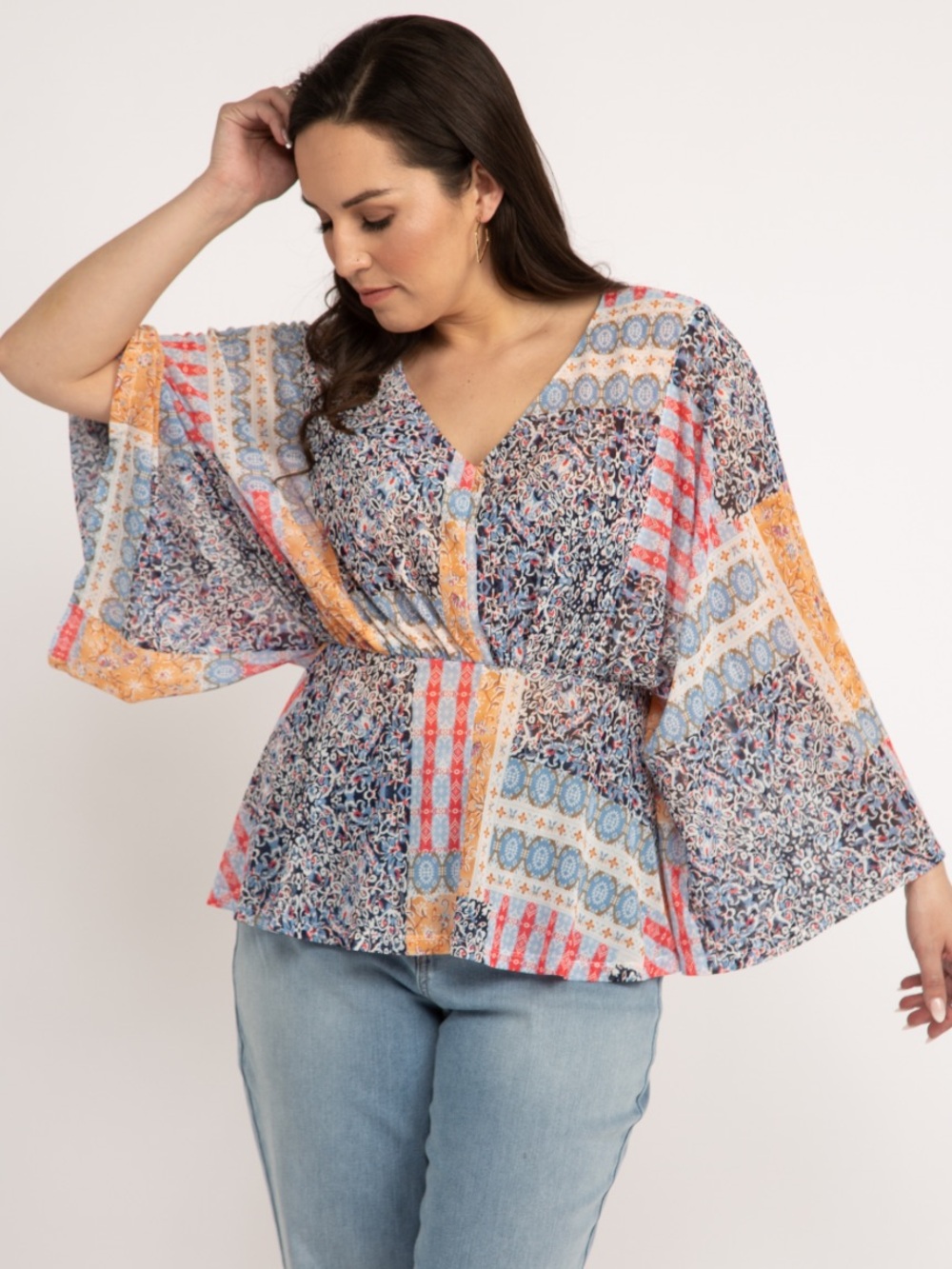 Kismet Boho Miley Mesh Wide Cropped Sleeve V Neck Top